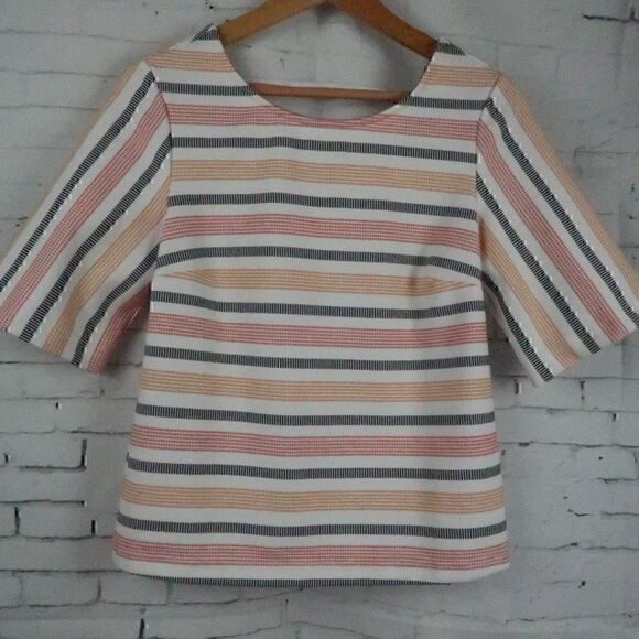 POMAGE CLOTHING WHITE WITH BLACK & ORANGE STRIPES 1/2 SLEEVE ROUND NECK TOP - Picture 5 of 8